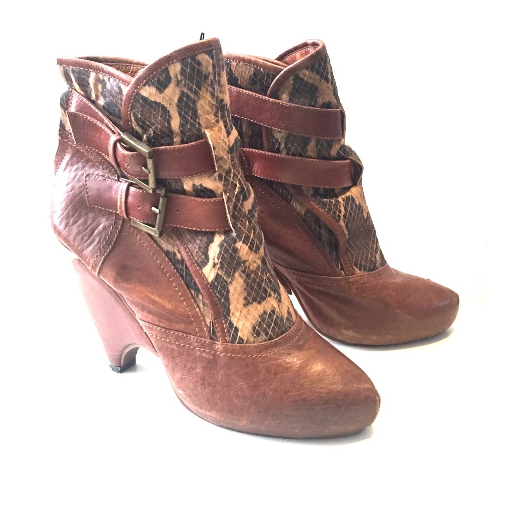 Jeffrey Campbell Brown Leather & Snakeskin-Print Heeled Booties